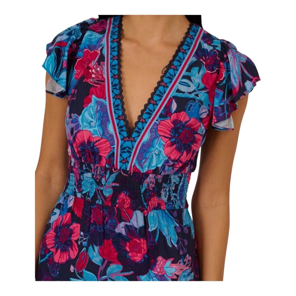 Adrianna Papell Boho Floral‎ Multi Midi Dress Sz14 Smocked Waist Flutter Sleeve - Picture 3 of 14